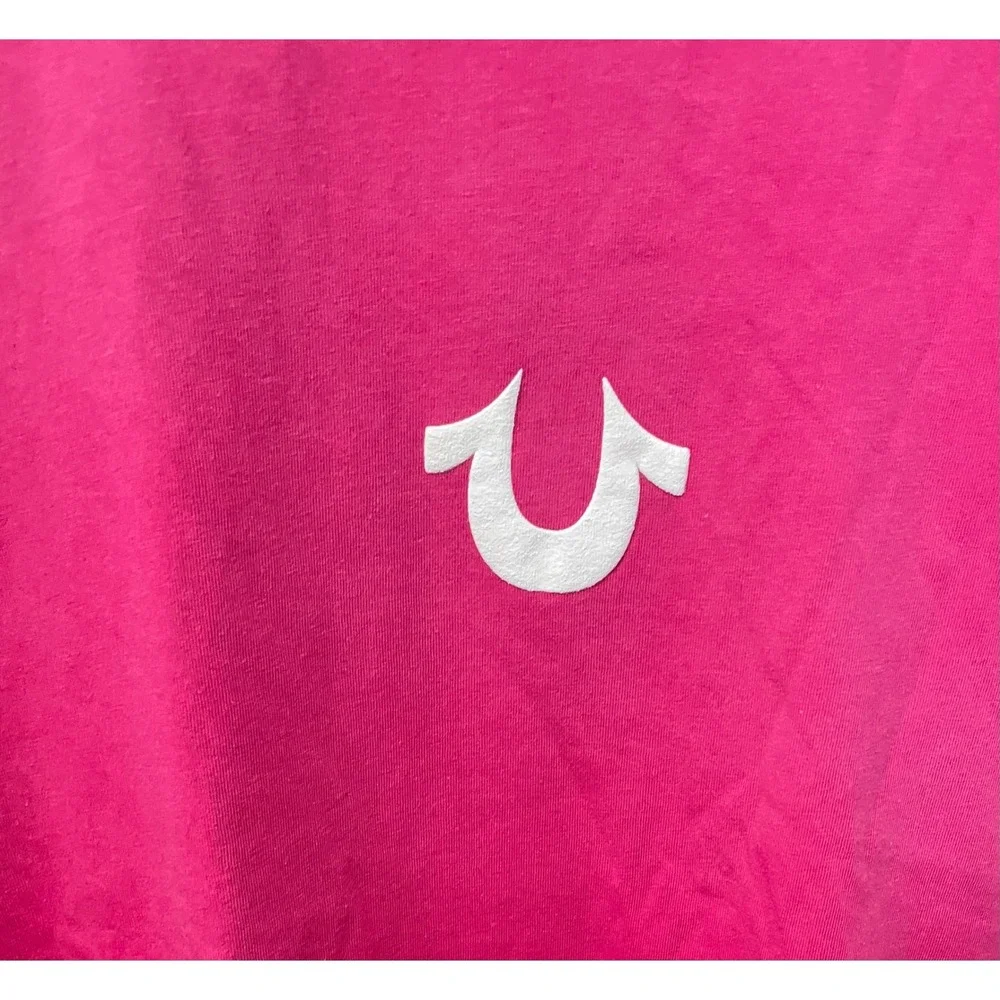 True Religion Mens Pink World Tour Buddha Logo T-Shirt Large Made in USA Cotton